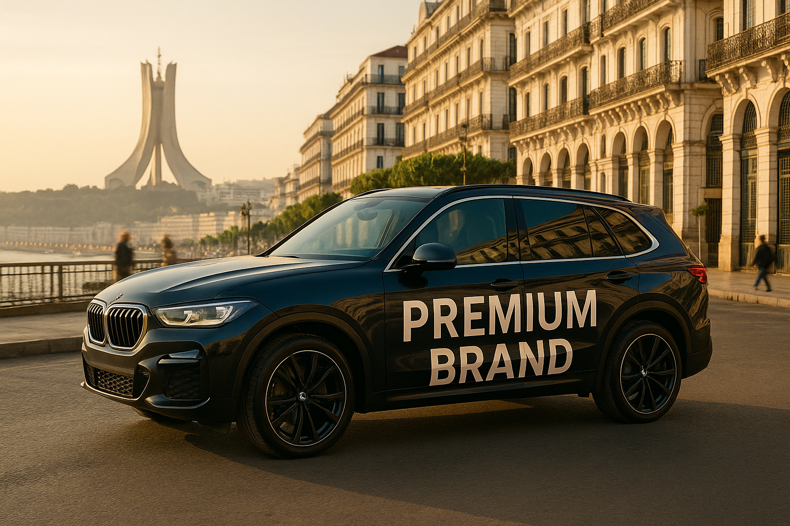 Luxury SUV with premium brand advertising wrap in Algiers downtown, professional vehicle branding, modern advertising campaign, high quality commercial photography