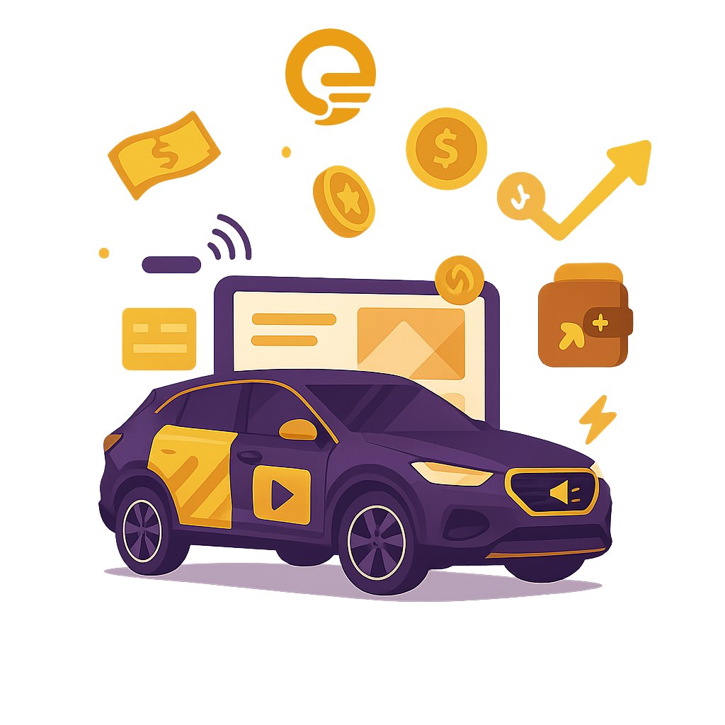 Modern sedan car with colorful advertising wrap driving in Algiers city, professional product advertisement on vehicle, bright daylight, high quality photography